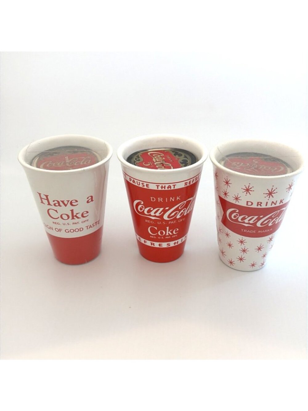Vintage Coca-Cola Ceramic Candle Cups Lot of 3 Different Designs 4" Tall - Picture 6 of 10